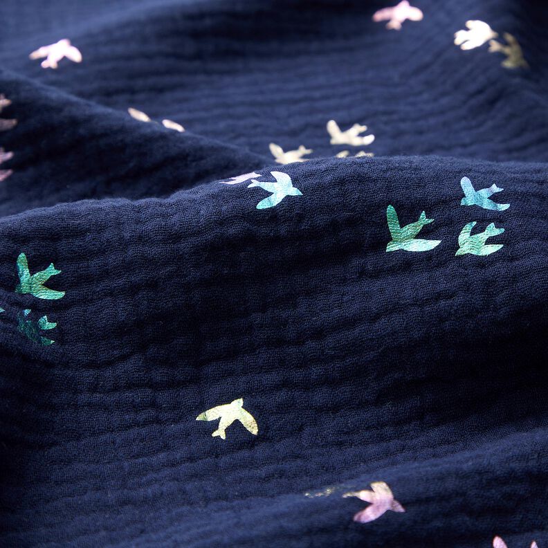 Muslin/Dubbel-krinkelväv Svalor Folietryck | Poppy Fabrics – nattblå/färgmix,  image number 5