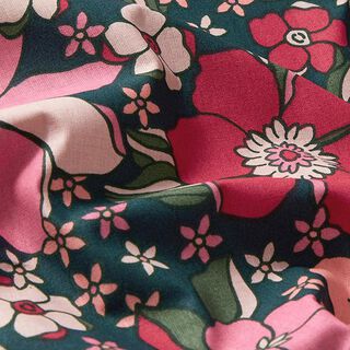 Bomullstyg Kretong retroblommor – petrol/rosa, 