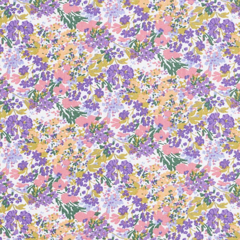 Bomullstyg Kretong blomsterhav – vit/lavender,  image number 1