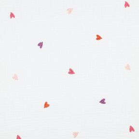 Muslin/Dubbel-krinkelväv broderade hjärtan | Poppy Fabrics – vit/rose, 