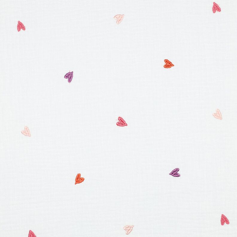 Muslin/Dubbel-krinkelväv broderade hjärtan | Poppy Fabrics – vit/rose, image number 1