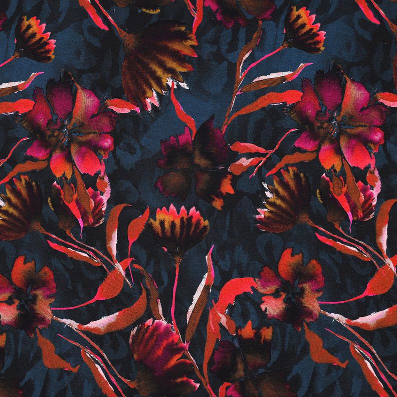 Bomullsjersey uttrycksfulla blommor Digitaltryck – nattblå/druva,  image number 1