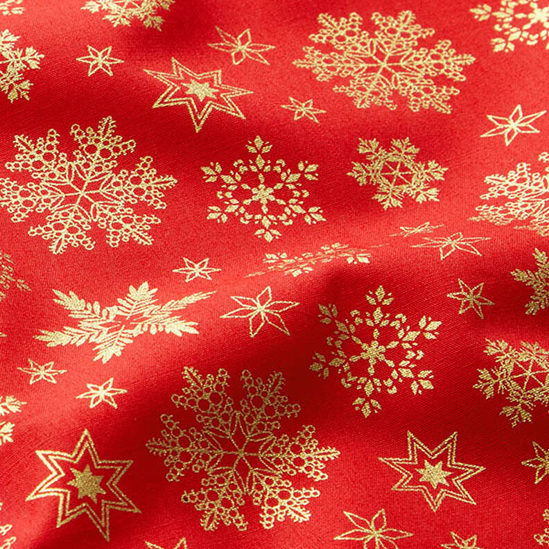 Bomullstyg Poplin snökristaller – röd/guld, image number 2