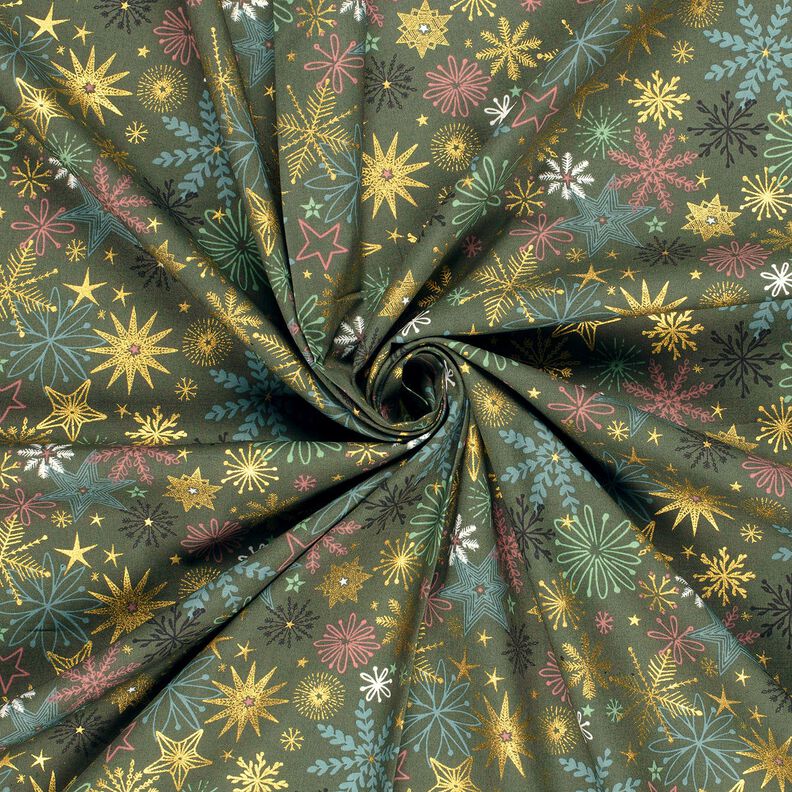 Bomullstyg Poplin stjärnmix – mörk furu/guld, image number 3