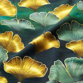 Bomullsjersey Ginkgo | Glitzerpüppi – mörkgrön/gammalguld, 