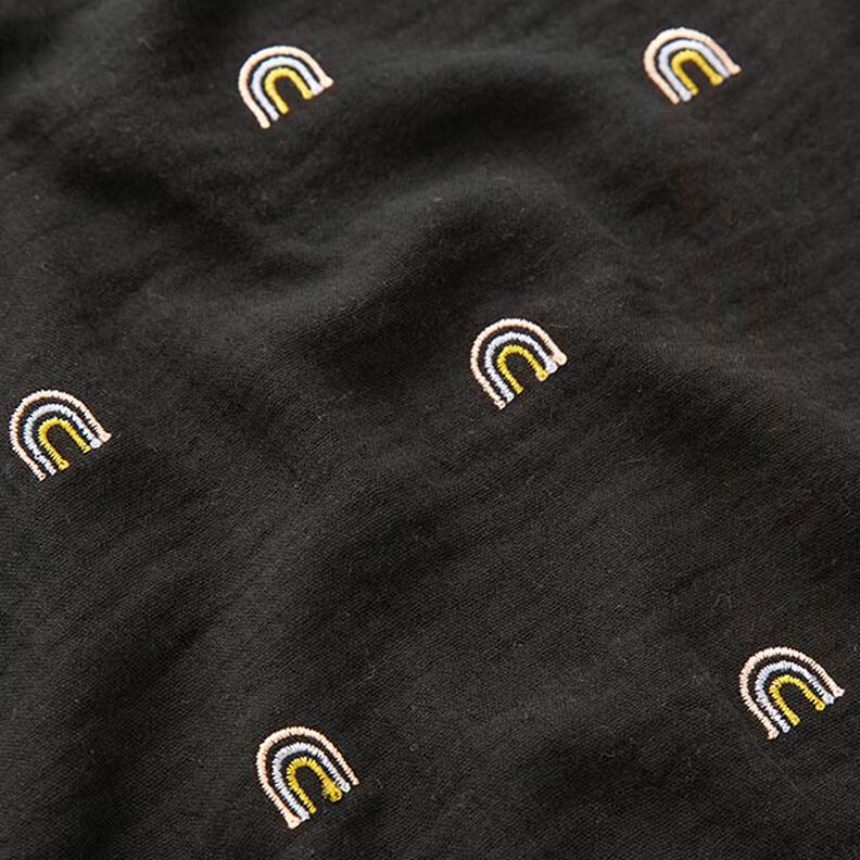 Muslin/Dubbel-krinkelväv broderade regnbågar – svart,  image number 2