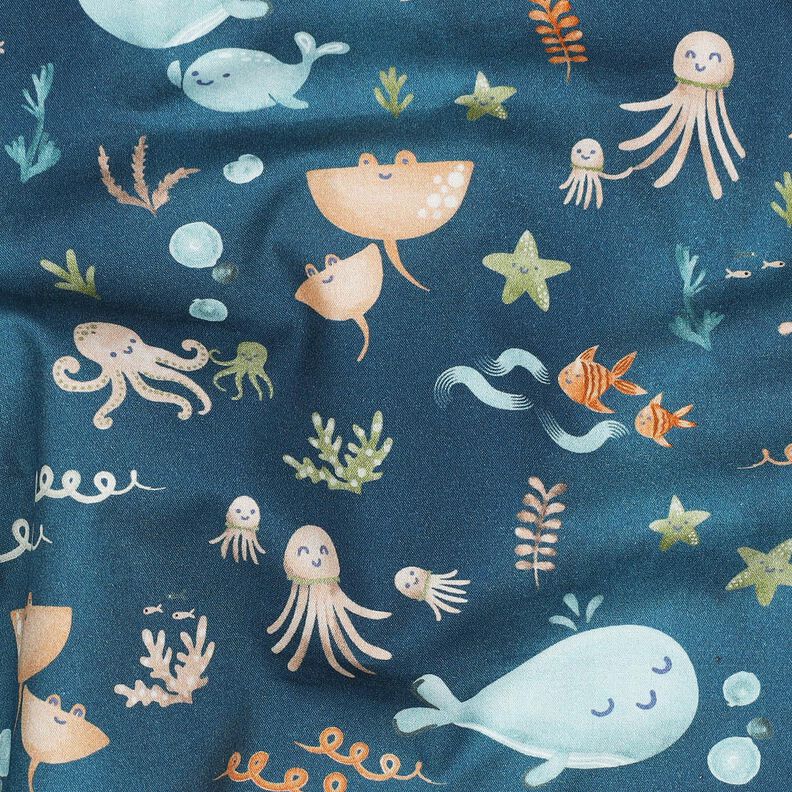 Bomullspoplin Glada havsdjur Digitaltryck | Poppy Fabrics – havsblå, image number 2