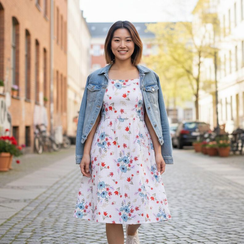 Muslin/Dubbel-krinkelv&auml;v V&aring;rblommor med tulpaner &ndash; vit/brandgul,  image number 5