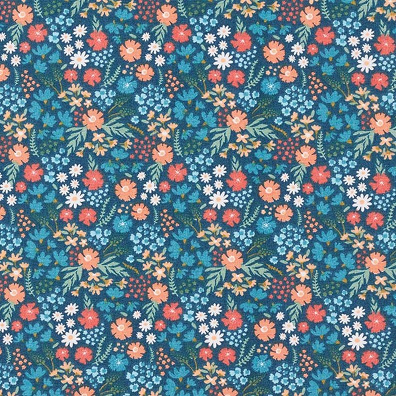 ekologisk bomullspoplin söta blommor – havsblå,  image number 1