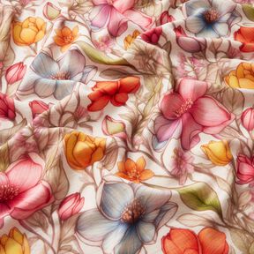 Viskos-linne-mix Blommor och rosenrankor – natur/eldröd, 