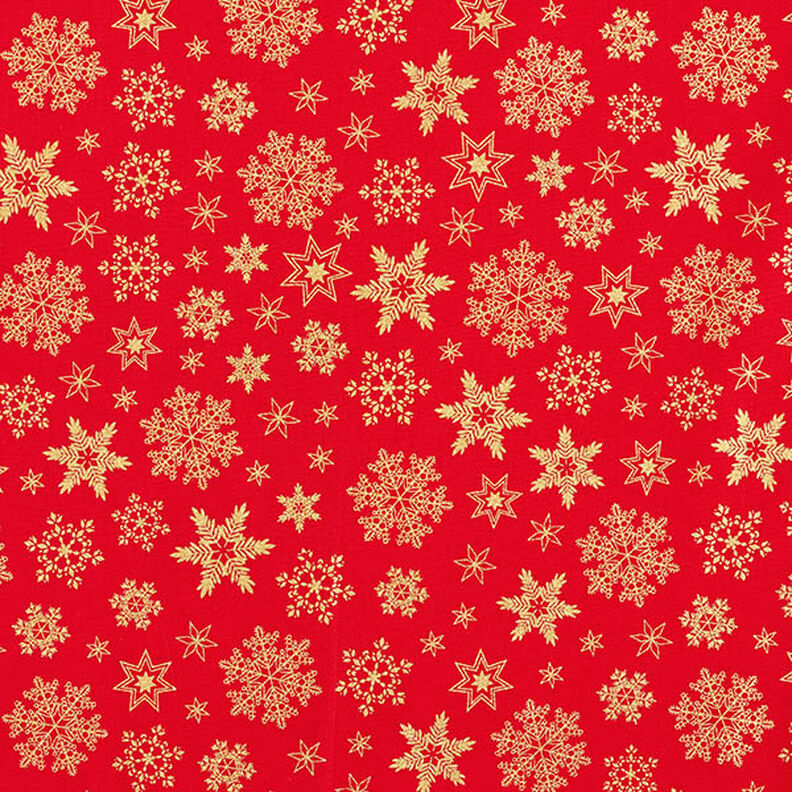Bomullstyg Poplin snökristaller – röd/guld,  image number 1