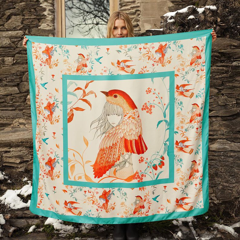 Satinpanel fåglar och älvor | Katia Fabrics – aquablå/kräm, image number 5