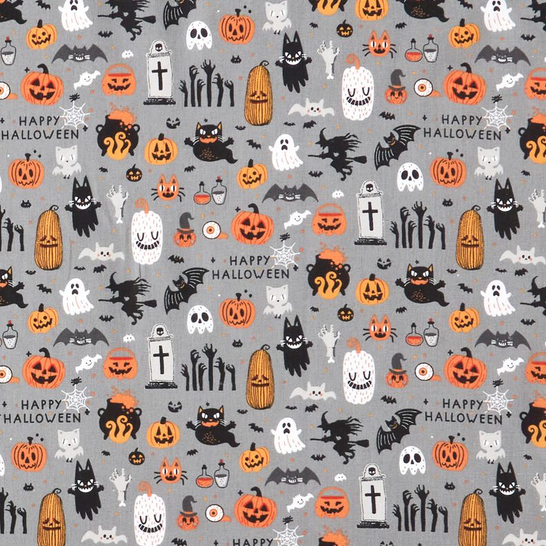 Bomullstyg Poplin Happy Halloween – elefantgrå/ljusorange,  image number 1