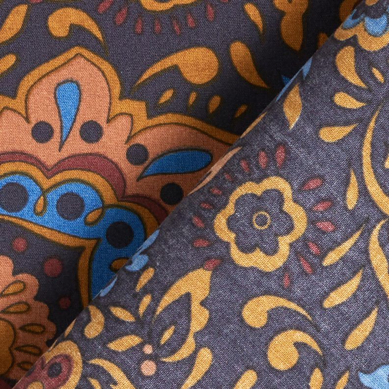 Skjorttyg Retroblommor och paisleymönster – nattblå/karamell, image number 4