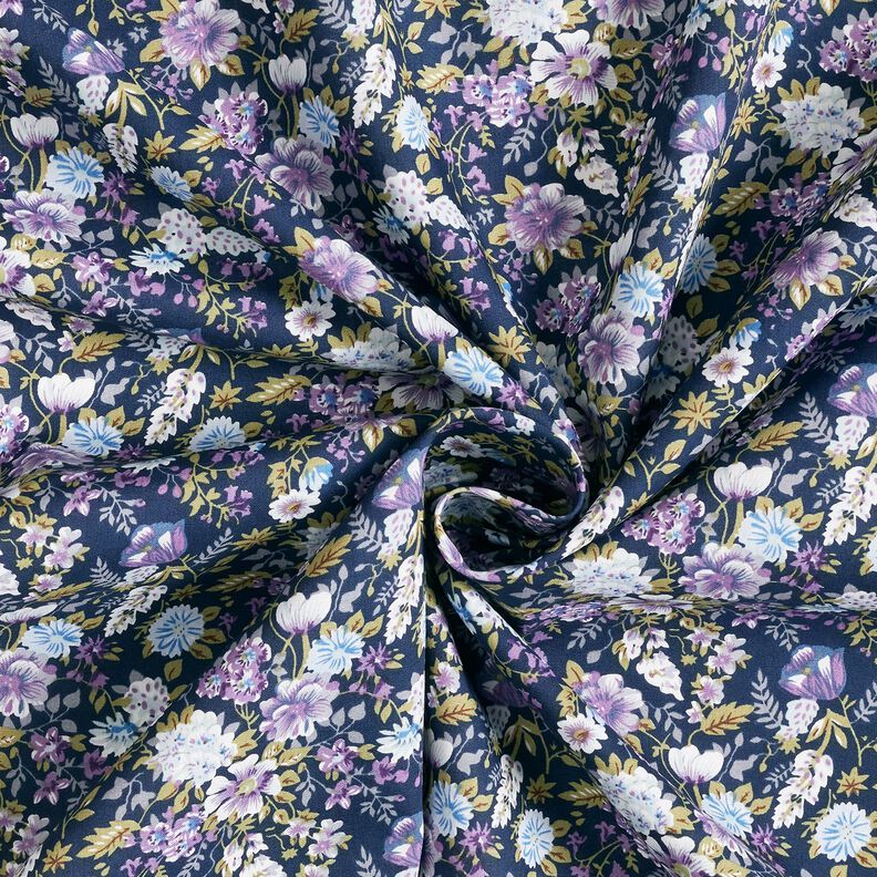 Bomullspoplin romantisk blomsteräng – marinblått/lavender,  image number 3