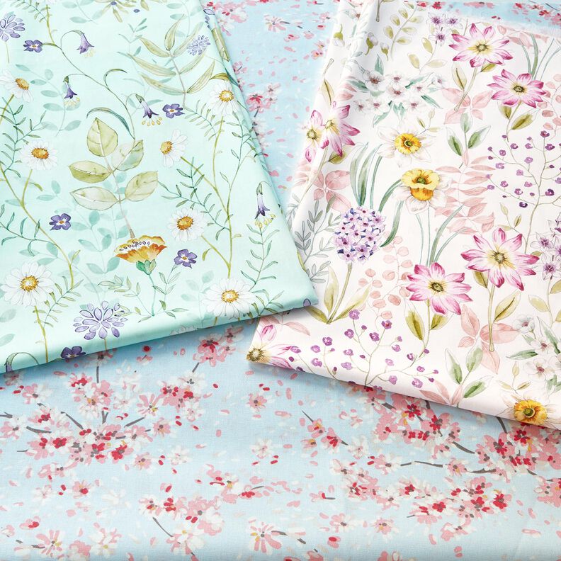 Bomullstyg Poplin vilda blommor – ljus mint/lavender,  image number 5