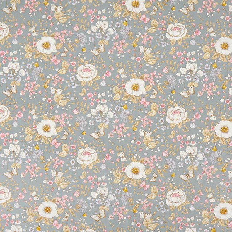 Dekorationstyg Halvpanama blomsterträdgård – duvblå/rosa, image number 1