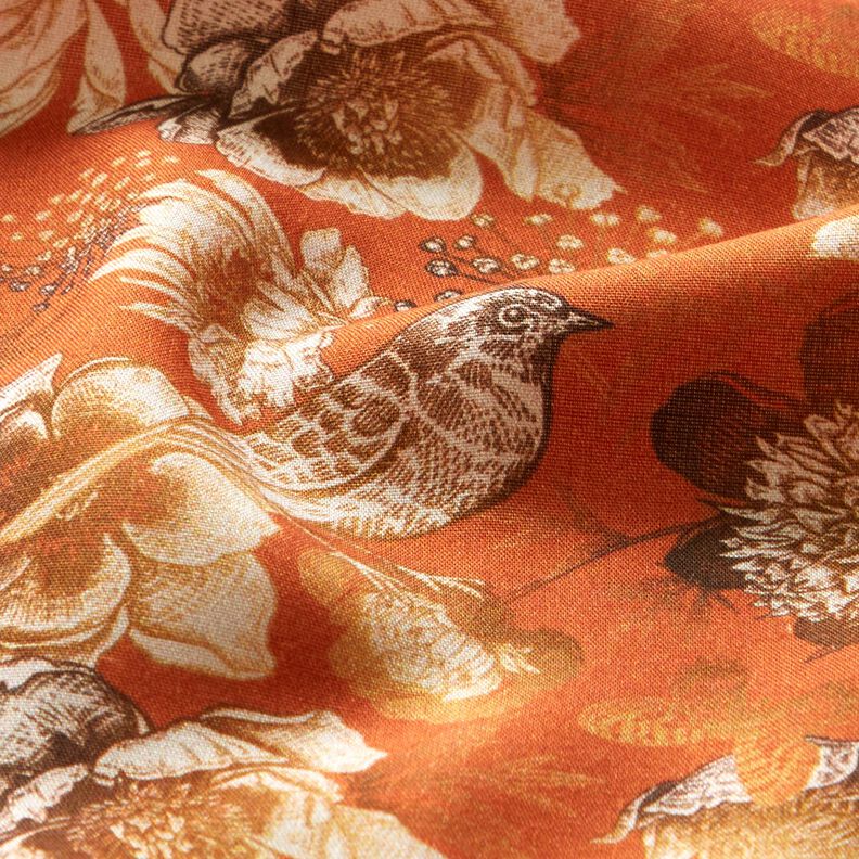 Viskostyg Fåglar och vilda rosor – terracotta/karamell,  image number 2