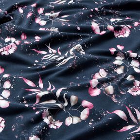 Bomullsjersey eukalyptus och hortensior | Glitzerpüppi – nattblå/rosa, 