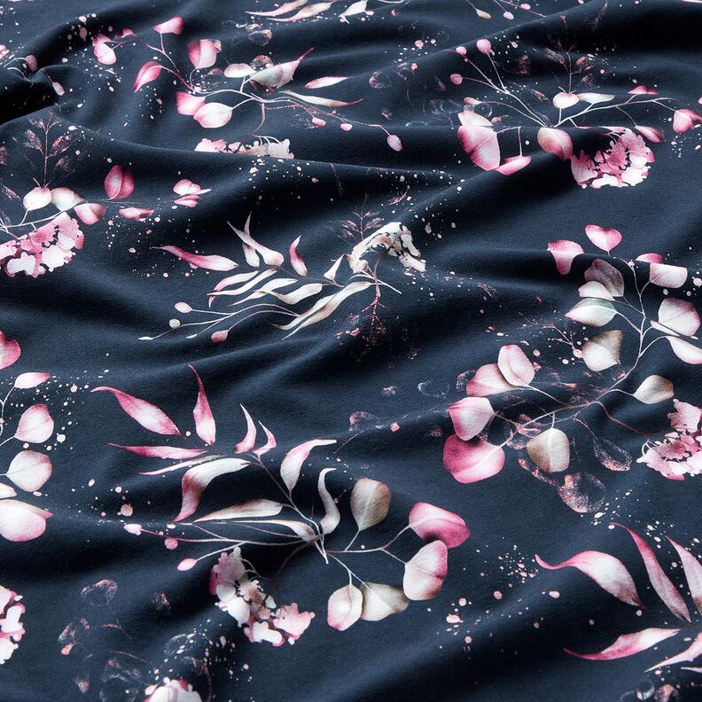 Bomullsjersey eukalyptus och hortensior | Glitzerpüppi – nattblå/rosa, image number 2