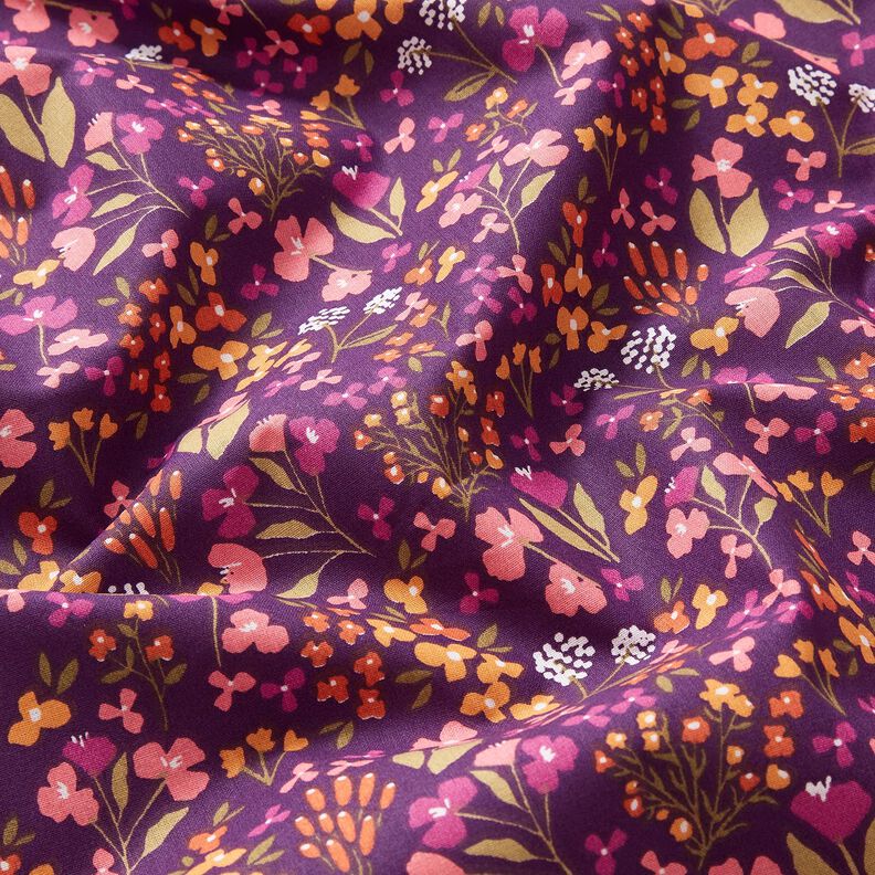 Bomullstyg Kretong Ängsblommor – aubergine/rosa, image number 2