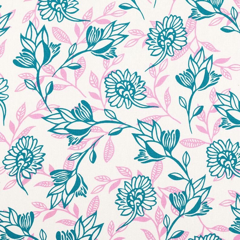 Viskos-linne-mix Blommor | Poppy Fabrics – elfenbensvit/turkos,  image number 1