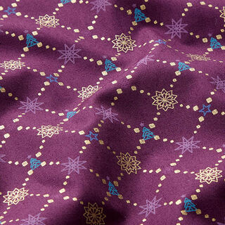 Bomullstyg Poplin julinspirerade romber – aubergine/guld, 
