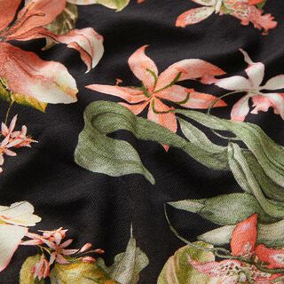 Viskosjersey tropiska blommor – svart, 