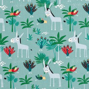 Bomullstyg Kretong åsnor och påfåglar – eukalyptus,  Bomullstyg Kretong åsnor och påfåglar – eukalyptus,