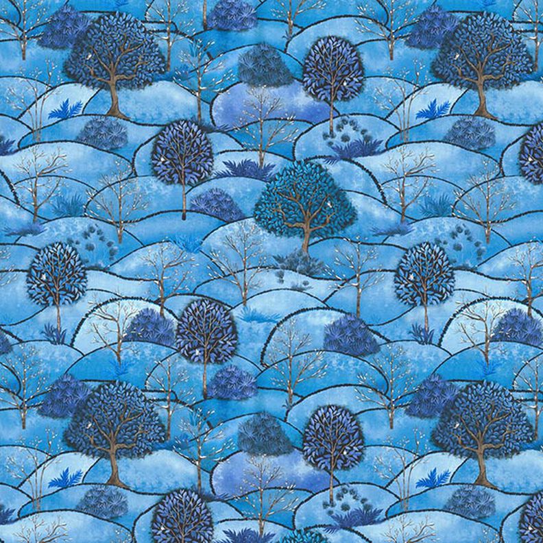 Dekorationstyg halvpanama digitaltryck landskap vinter – ljusblått/nattblå,  image number 1