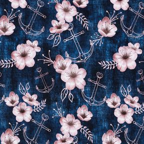 Bomullsjersey Blommor & ankare | Glitzerpüppi – nattblå/ljus gammelrosa, 
