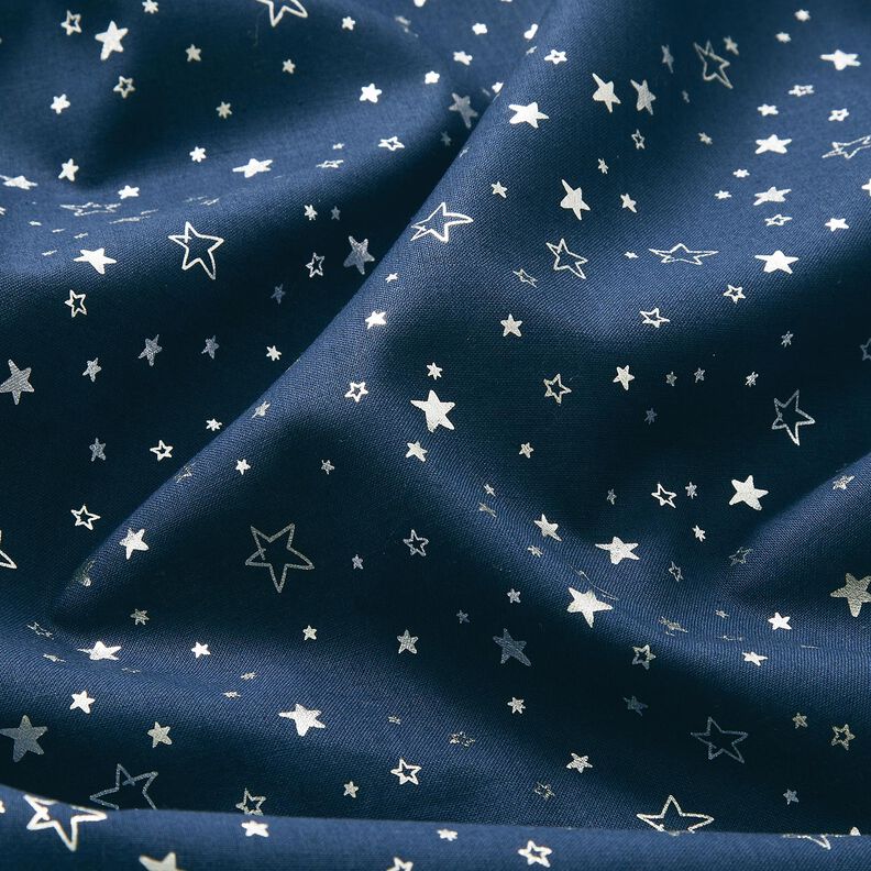 Bomullstyg Poplin Folietryck Julstjärnor – nattblå/silvermetallic,  image number 2