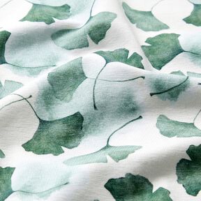 GOTS Bomullsjersey Ginko digitaltryck – vit/eukalyptus, 