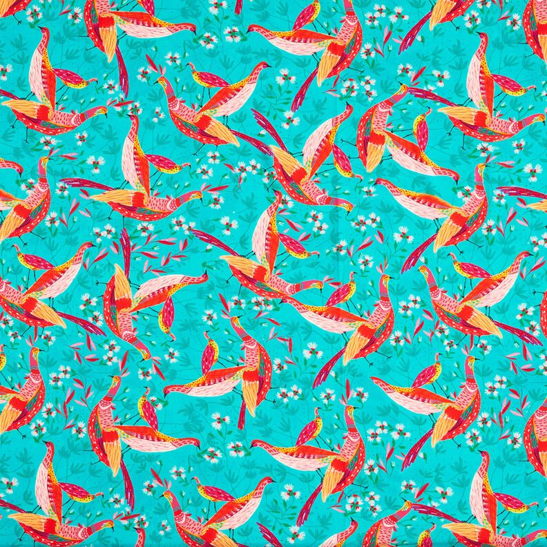 Strandkl&auml;der viskostyg p&aring;f&aring;glar och blommor &ndash; aquabl&aring;tt/intensiv rosa,  image number 1