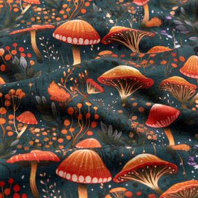 French Terry Sommarsweat magisk svampskog Digitaltryck – mörkgrön, 