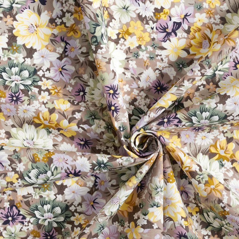 Bomullspoplin romantiska blommor – lilagrå/guld,  image number 3