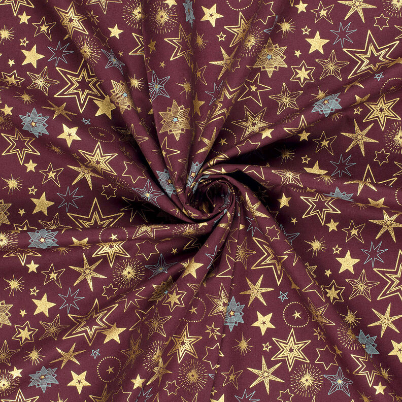 Bomullstyg Poplin Stora stjärnor – merlot/guld, image number 3