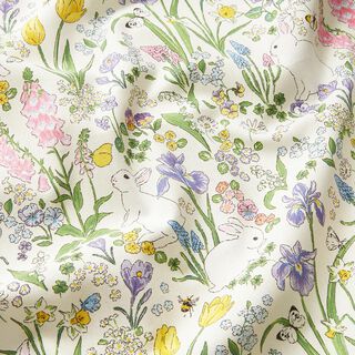Dekorationstyg Halvpanama kaniner på blomsteräng – elfenbensvit/ljusrosa, 