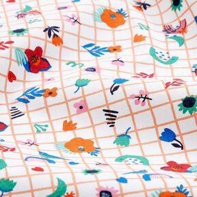 Bomullstyg Kretong rutor med blommor – vit/pepparmynta, 