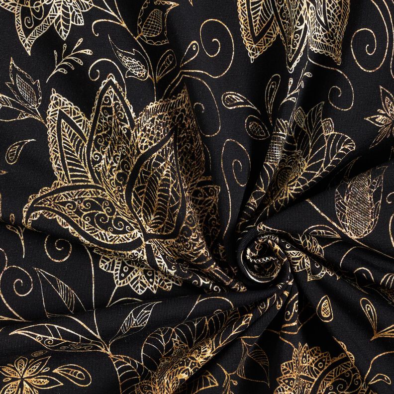 Bomullsjersey gyllene mandalablommor | Glitzerpüppi – svart/guld,  image number 3