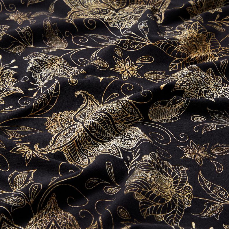 Bomullsjersey gyllene mandalablommor | Glitzerpüppi – svart/guld,  image number 2