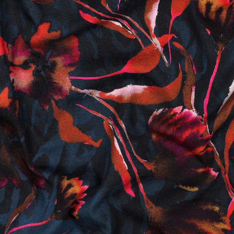 Bomullsjersey uttrycksfulla blommor Digitaltryck – nattblå/druva,  image number 2