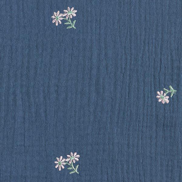 Muslin/Dubbel-krinkelväv broderade småblommor – jeansblå, image number 6