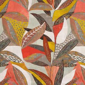 Dekorationstyg Halvpanama tropiska blad – senap/terracotta, 