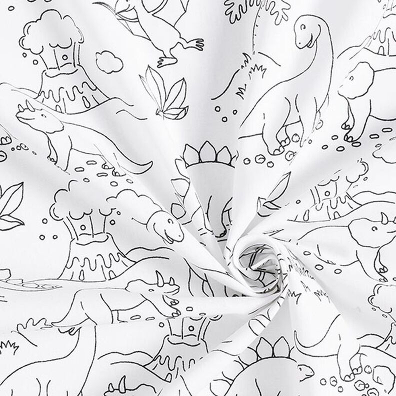 Bomullspoplin Tyg att färglägga dinosaurier – vit/svart,  image number 3