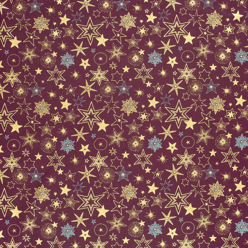 Bomullstyg Poplin Stora stjärnor – merlot/guld, image number 6