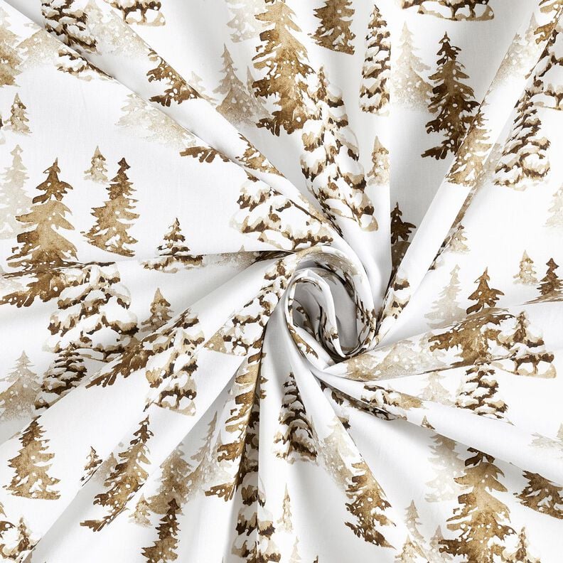 Bomullstyg Poplin snötäckta granar – vit/rådjursbrun,  image number 3