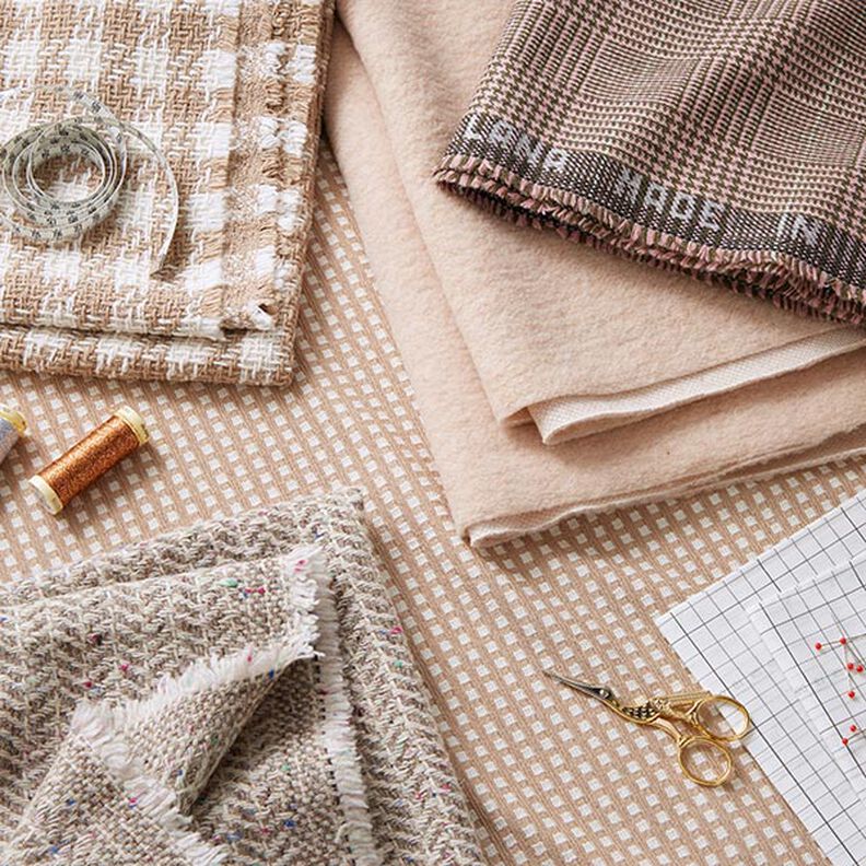 Jacquard jersey viskosmix små rutor – beige/vit, image number 5