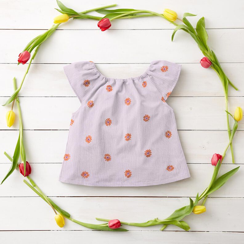 Muslin/Dubbel-krinkelväv Broderade stora blommor | Poppy Fabrics – pastellviolett/persikofärgad,  image number 8