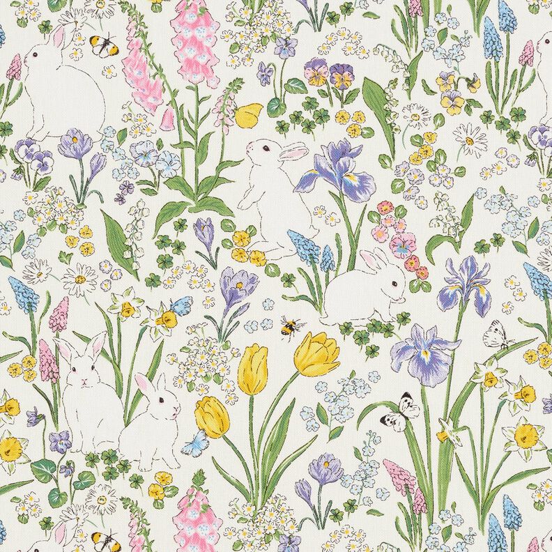Dekorationstyg Halvpanama kaniner på blomsteräng – elfenbensvit/ljusrosa,  image number 1